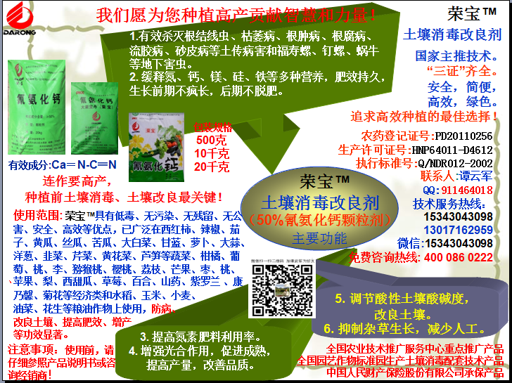 榮寶（氰氨化鈣）顆粒殺菌劑，土壤消毒、緩釋氮鈣營(yíng)養(yǎng)、肥料增效、土壤改良四效合一，殺滅根結(jié)線(xiàn)蟲(chóng)，防治根腫病、根腐病、枯萎病、流膠病、蓮藕腐敗病等土傳病害，殺滅福壽螺、釘螺等地下害蟲(chóng)，解決連作障礙